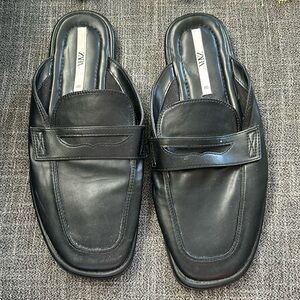 Zara black faux leather loafer slides,